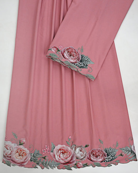 Onion Pink Rida With Smart Rose Applique & Embroidery With Cut Work