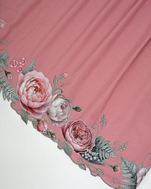 Onion Pink Rida With Smart Rose Applique & Embroidery With Cut Work