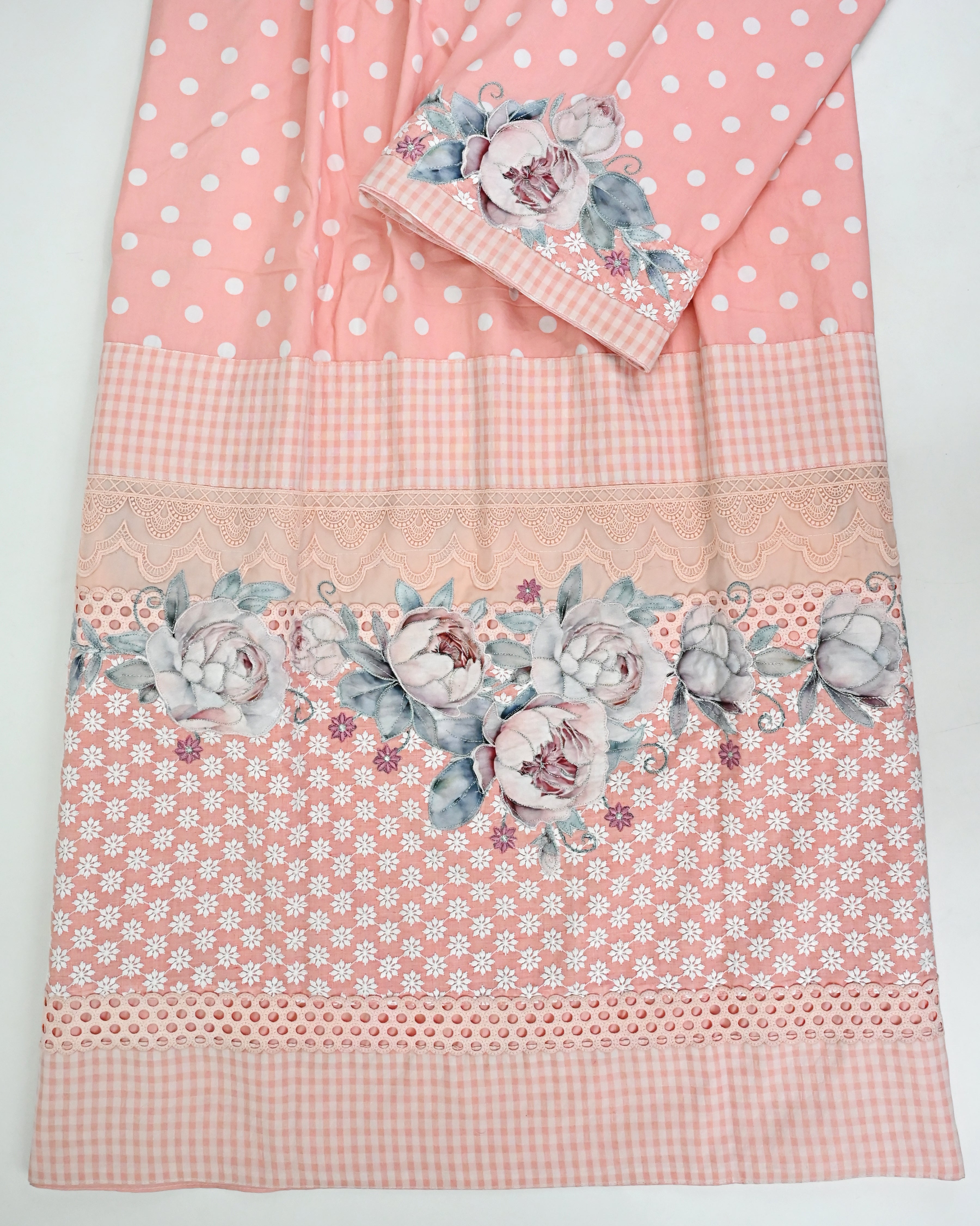 Salmon Peach White Polka Dots Rida With Smart Panel Lace & Rose Applique Work-4850/-