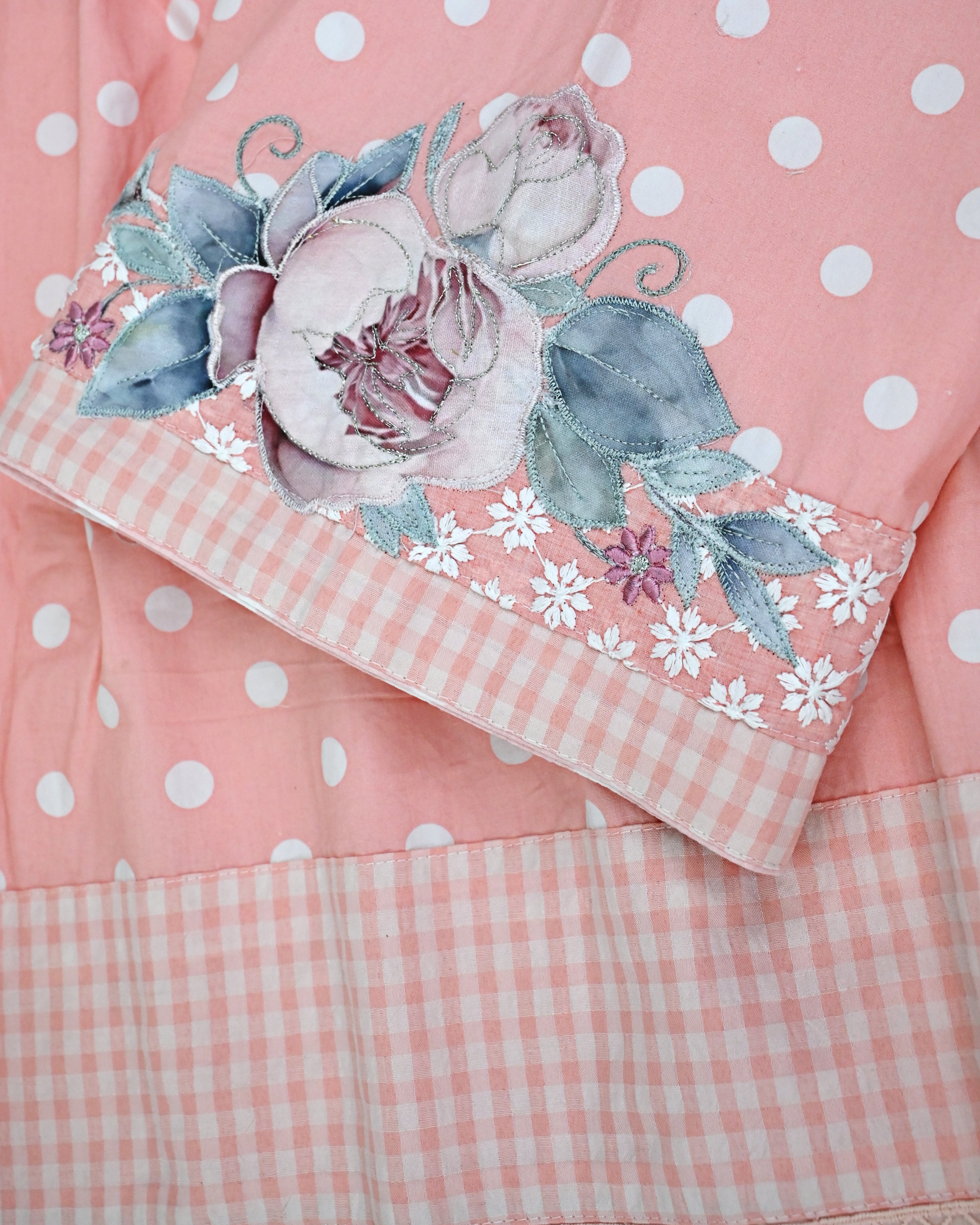 Salmon Peach White Polka Dots Rida With Smart Panel Lace & Rose Applique Work-4850/-