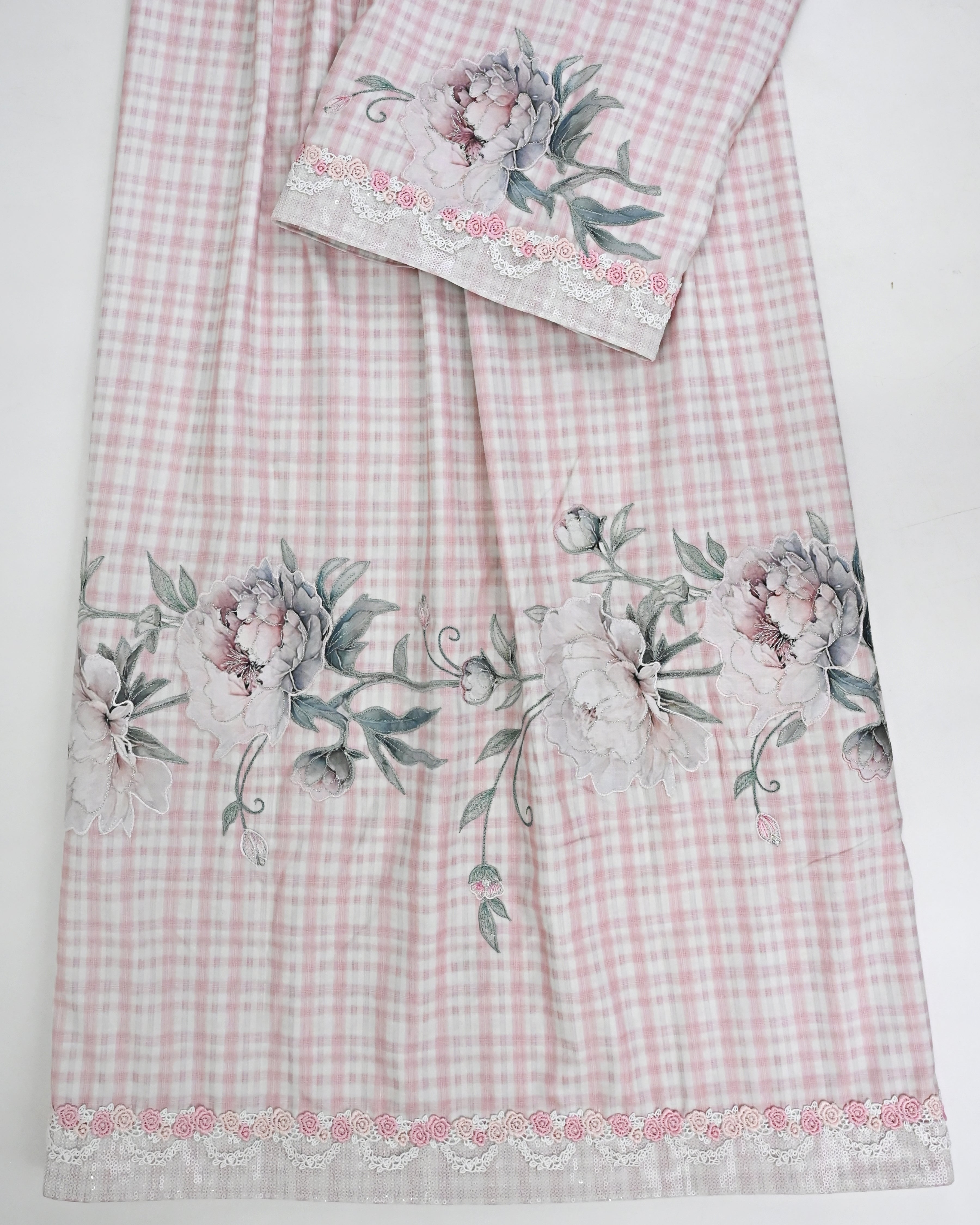 Blush White Blush Pink Checks Rida With Smart Floral Applique All Over & Smart Lace-3800/-