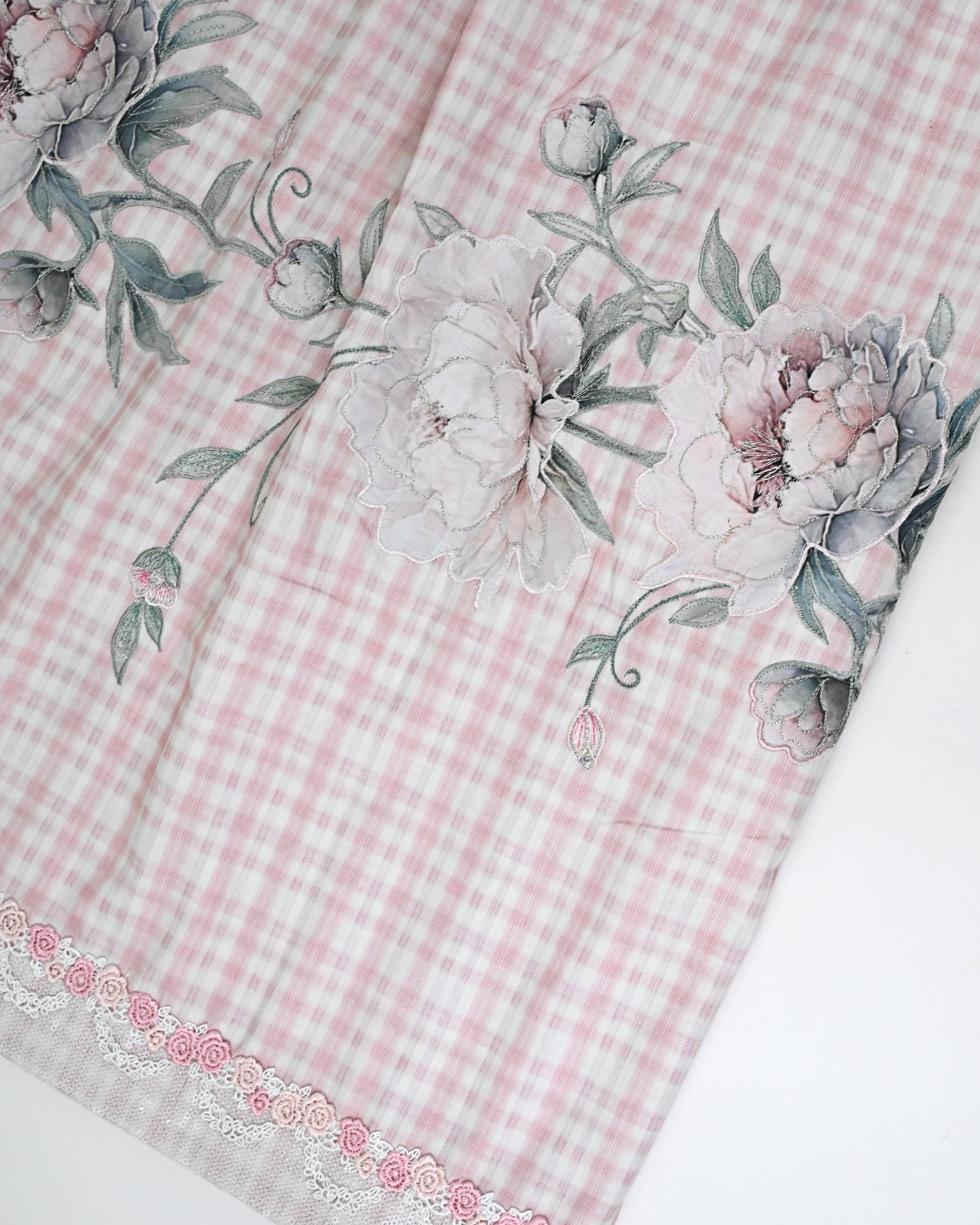 Blush White Blush Pink Checks Rida With Smart Floral Applique All Over & Smart Lace-3800/-