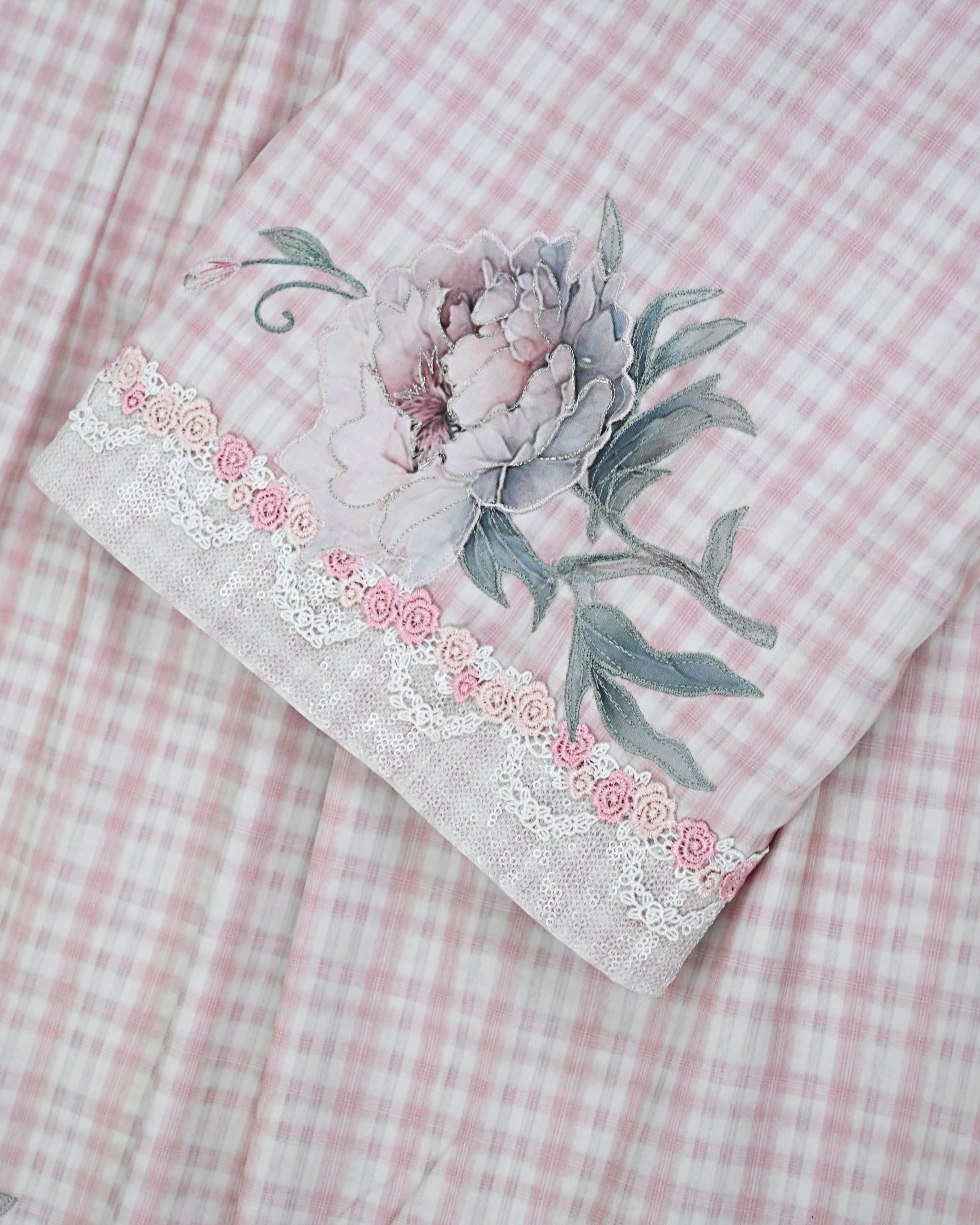 Blush White Blush Pink Checks Rida With Smart Floral Applique All Over & Smart Lace-3800/-