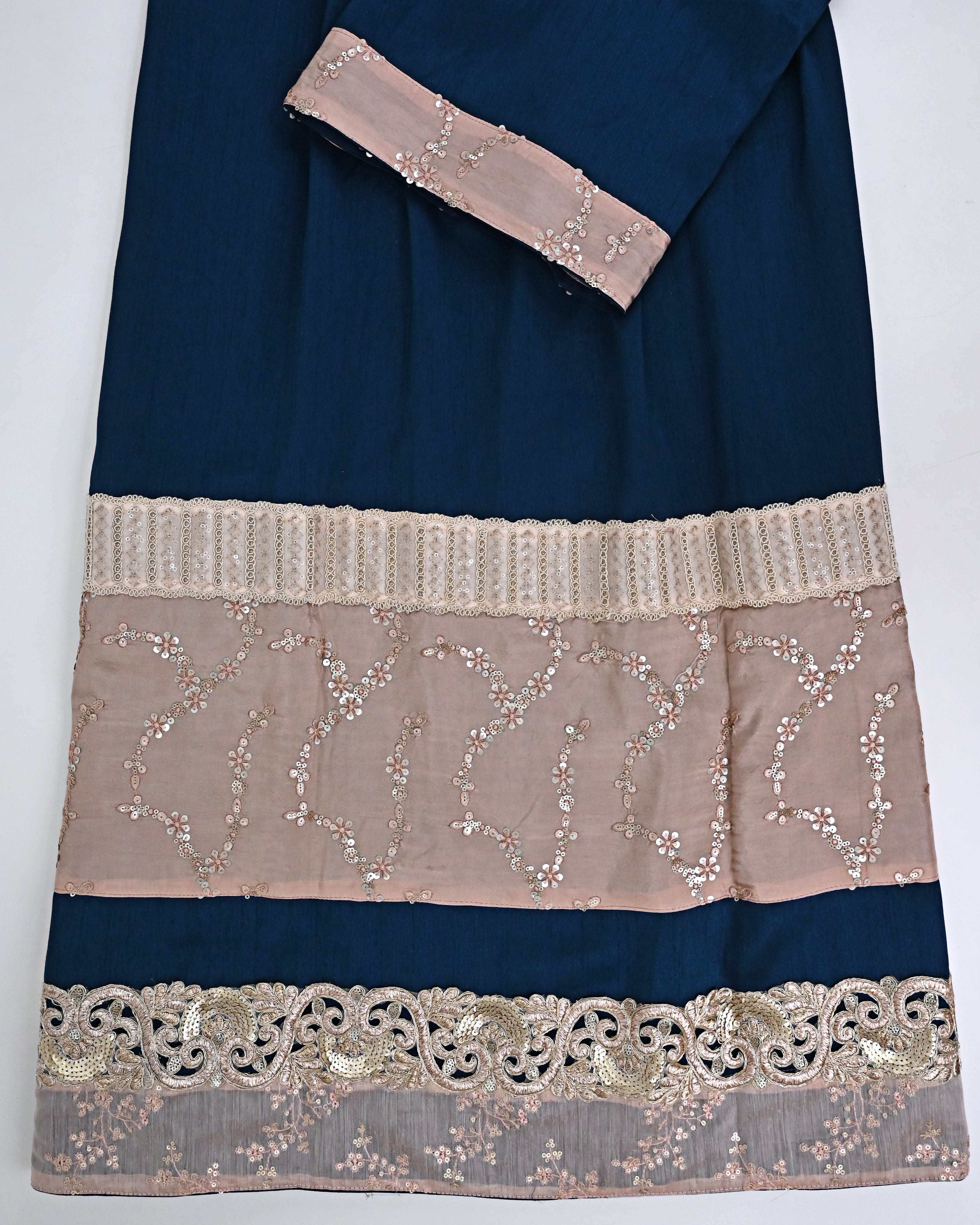 Prussian Blue Rida With Smart Golden Floral Lacing & Golden Floral Work Panel-2150/-