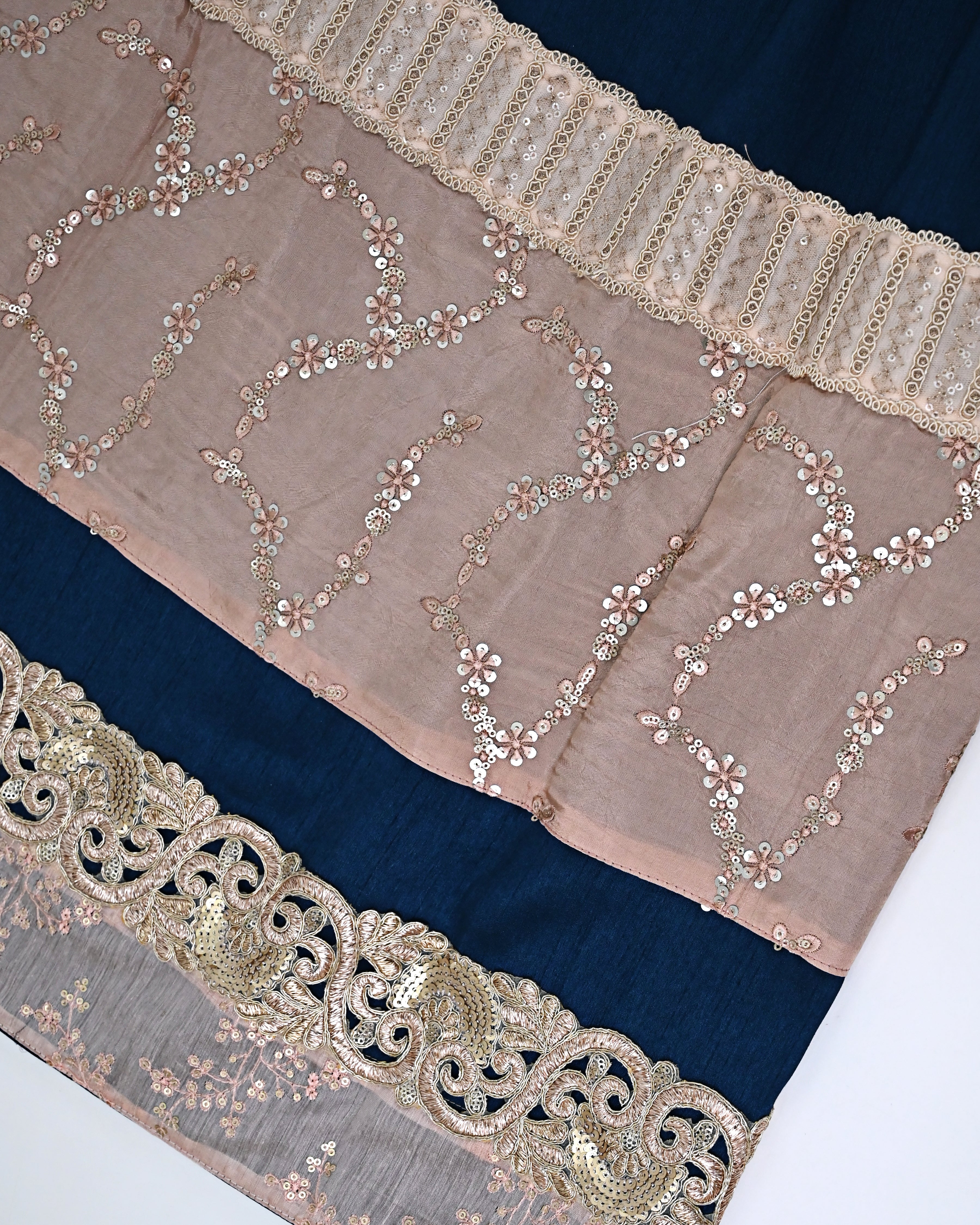 Prussian Blue Rida With Smart Golden Floral Lacing & Golden Floral Work Panel-2150/-