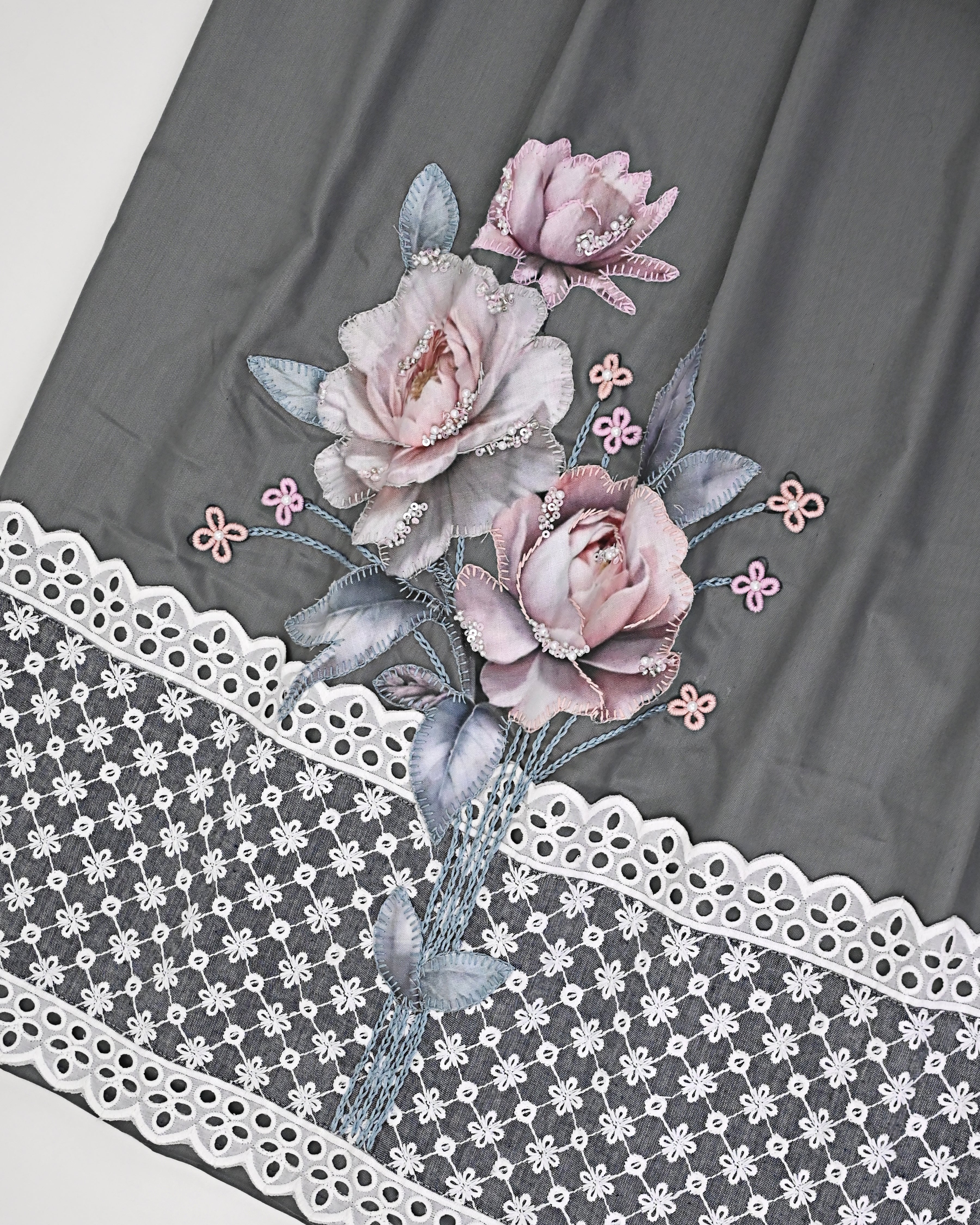 Charcoal Grey Rida With Smart Floral Embroidery Panel Smart Lace & Smart Floral Bunch-2700/-