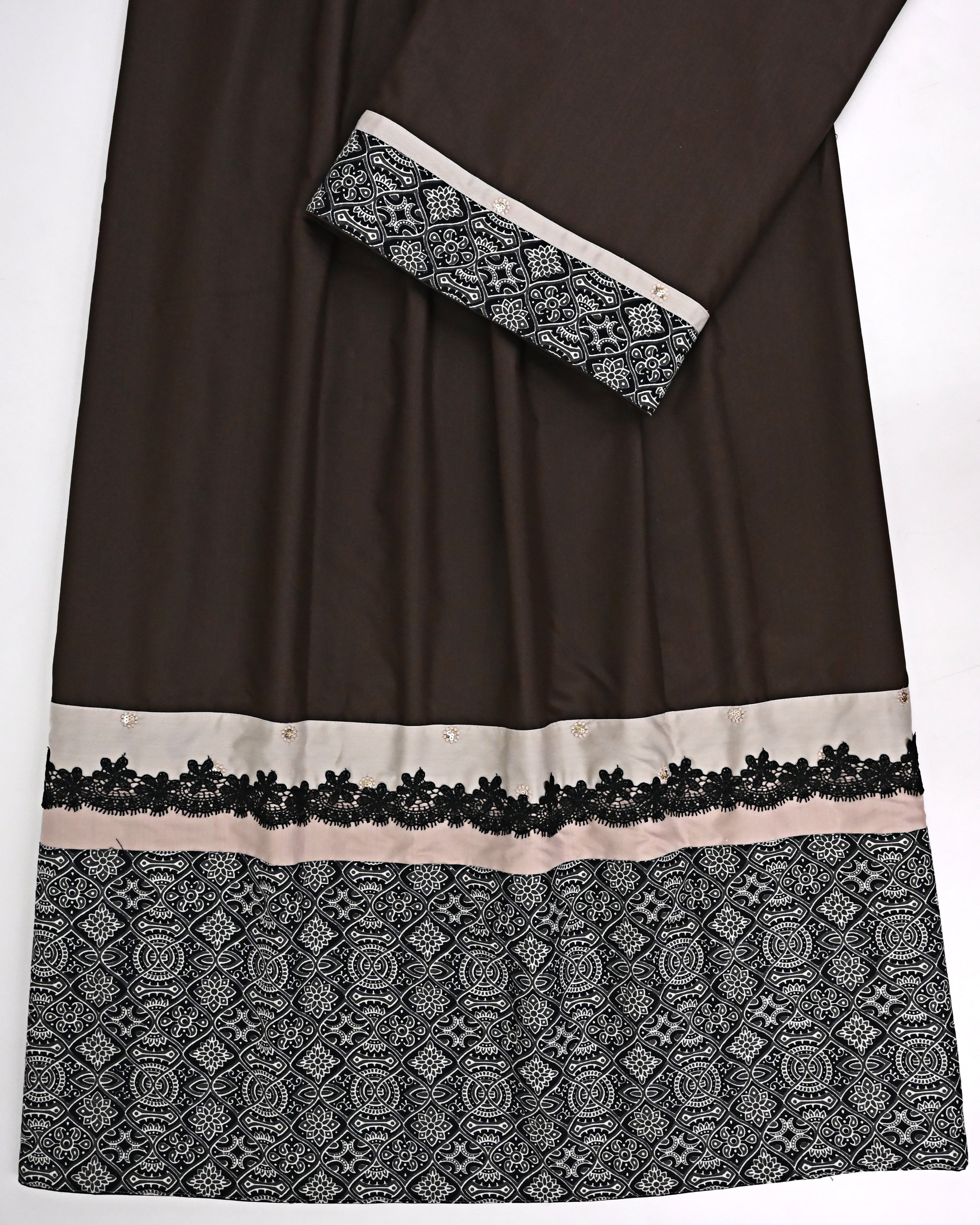 Dark Chocolate Brown Rida With Smart Batik Print Panel & Smart Lace-1200/-