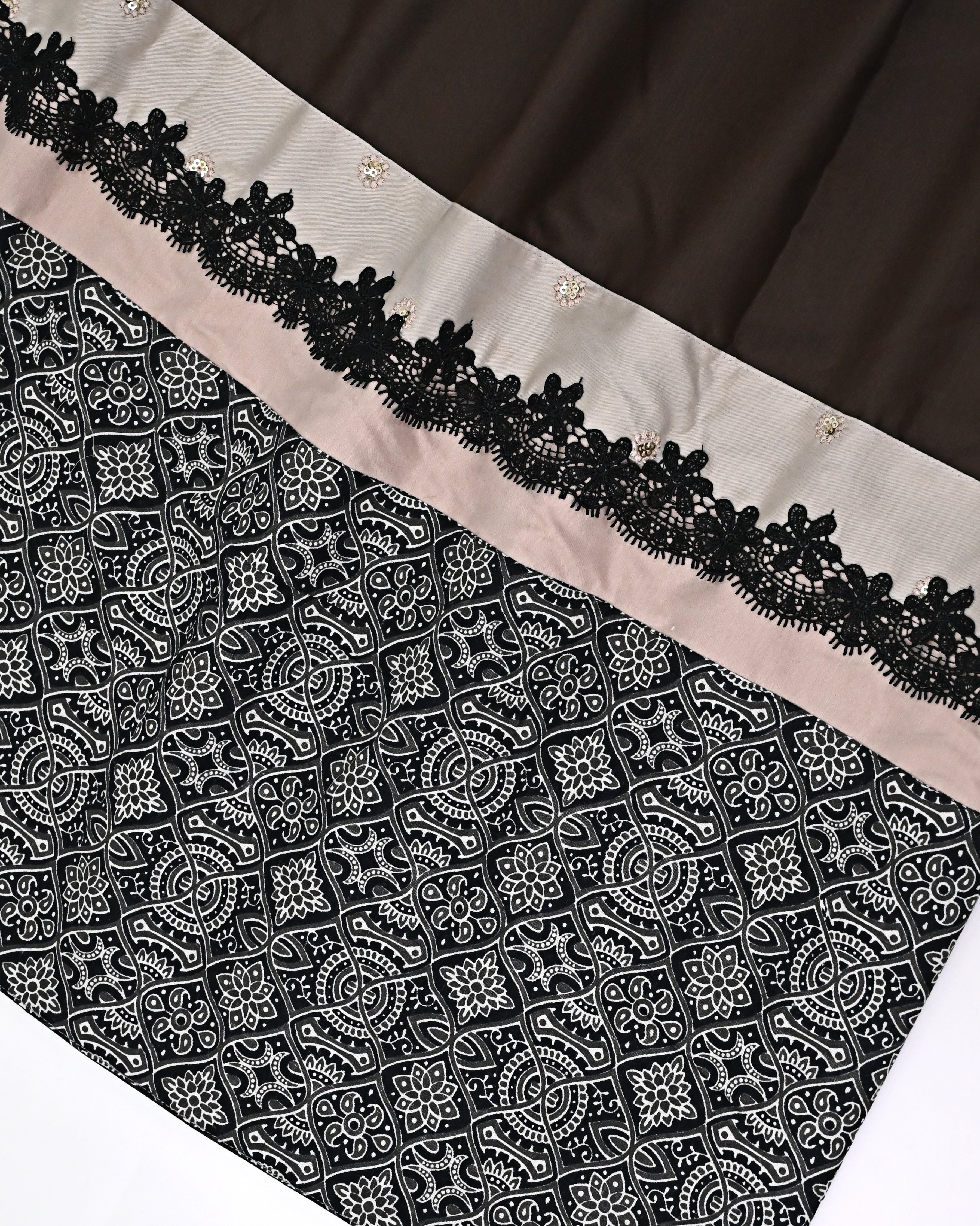 Dark Chocolate Brown Rida With Smart Batik Print Panel & Smart Lace-1200/-