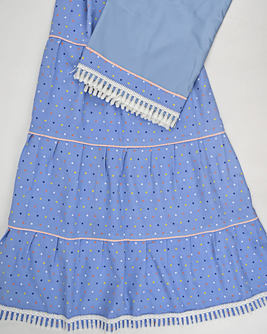 Sky Blue Multi Dots Print Skirt Style Rida With Pipin & Smart Lace