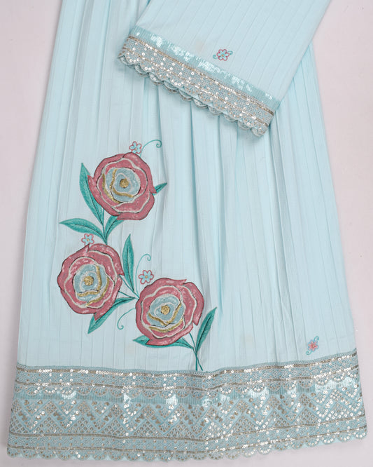 Sky Blue Crush Rida With Smart Rose Work & Lace