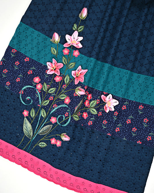 Royal Blue Hakoba With Floral Panel Smart Dark Floral Lace & Floral Work