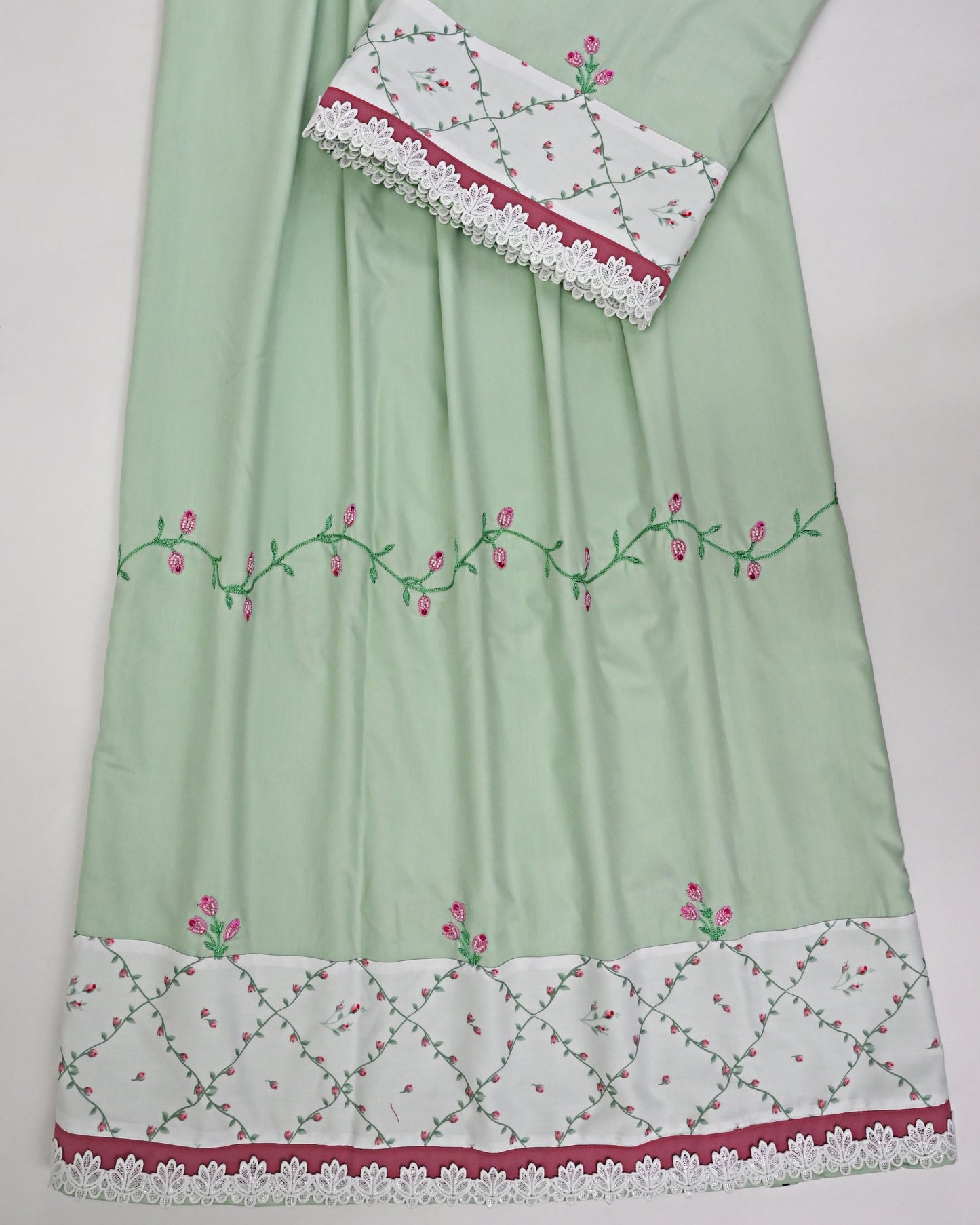 Light Pista Green Rida With Floral Panel & All Over Floral Border-3400/-