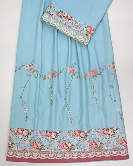 Sky Blue Rida With Smart Floral Panel & Floral Embroidery Border Work