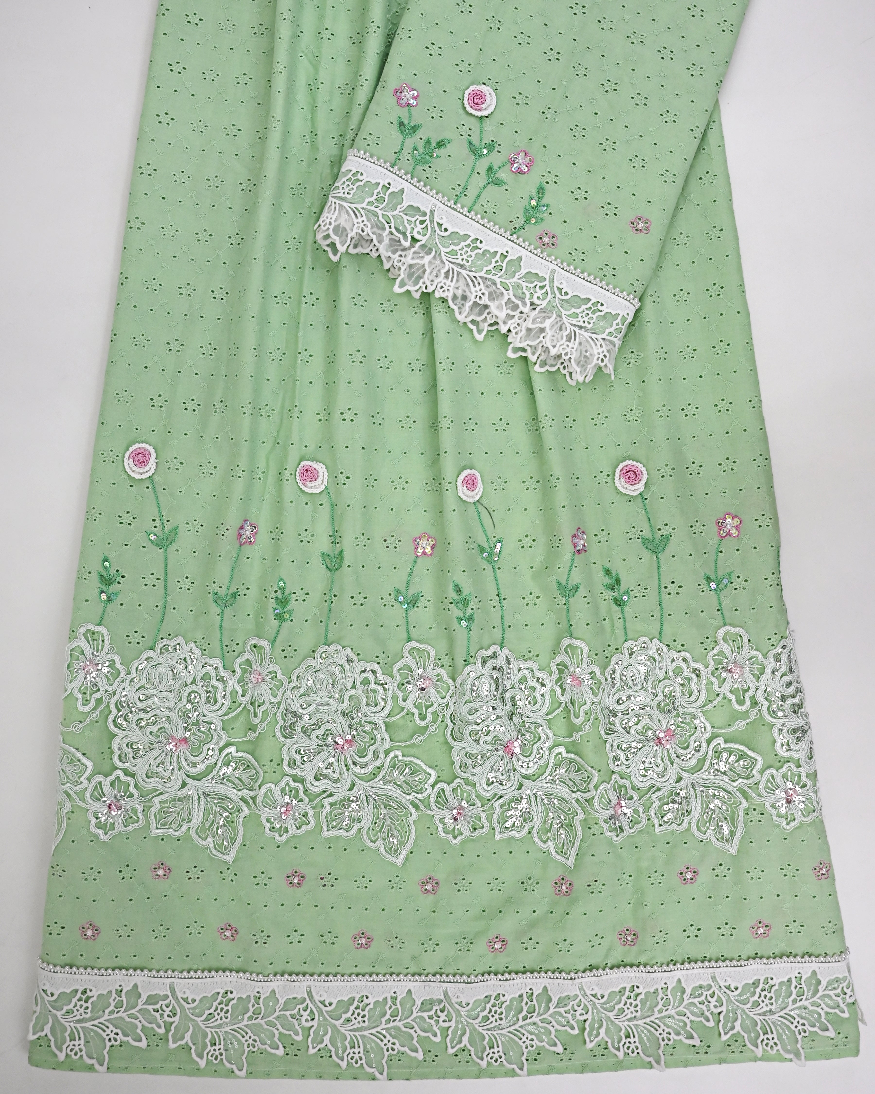 Pista Green Hakoba Rida With Shining White Lace & Aari Floral Work