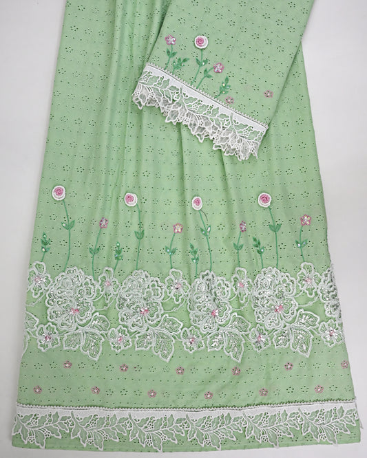 Pista Green Hakoba Rida With Shining White Lace & Aari Floral Work
