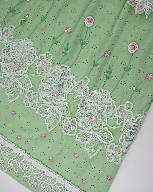 Pista Green Hakoba Rida With Shining White Lace & Aari Floral Work