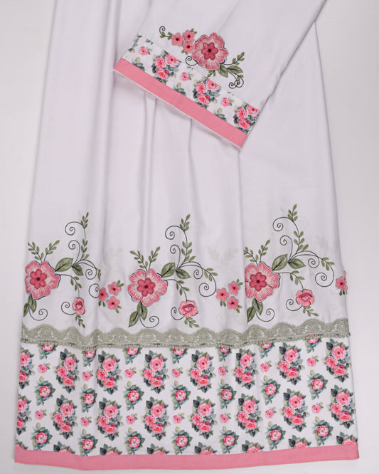 White Base Rida With Rose Printed Panel & Floral Work