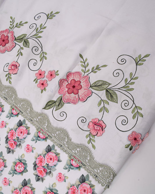 White Base Rida With Rose Printed Panel & Floral Work