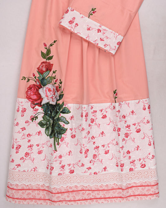 Tomato Red With Floral Panel & Floral Applique Work