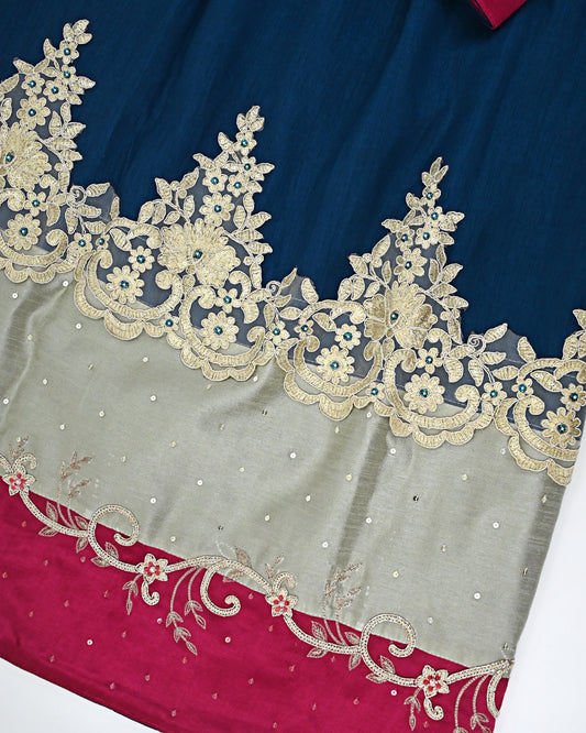 Petrol Blue Rida With Floral Golden Lace Smart Panel & All Over Aari Work Border