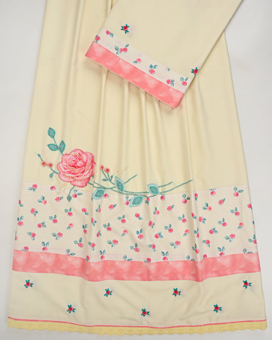 Creamy Yellow Rida With Smart Floral Print Panel & Floral Work