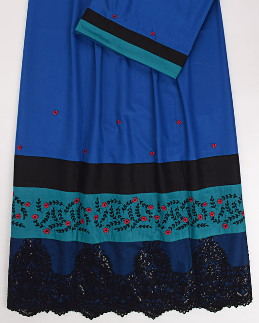 Iris Blue With Dark Panel Lace & Floral Embroidery