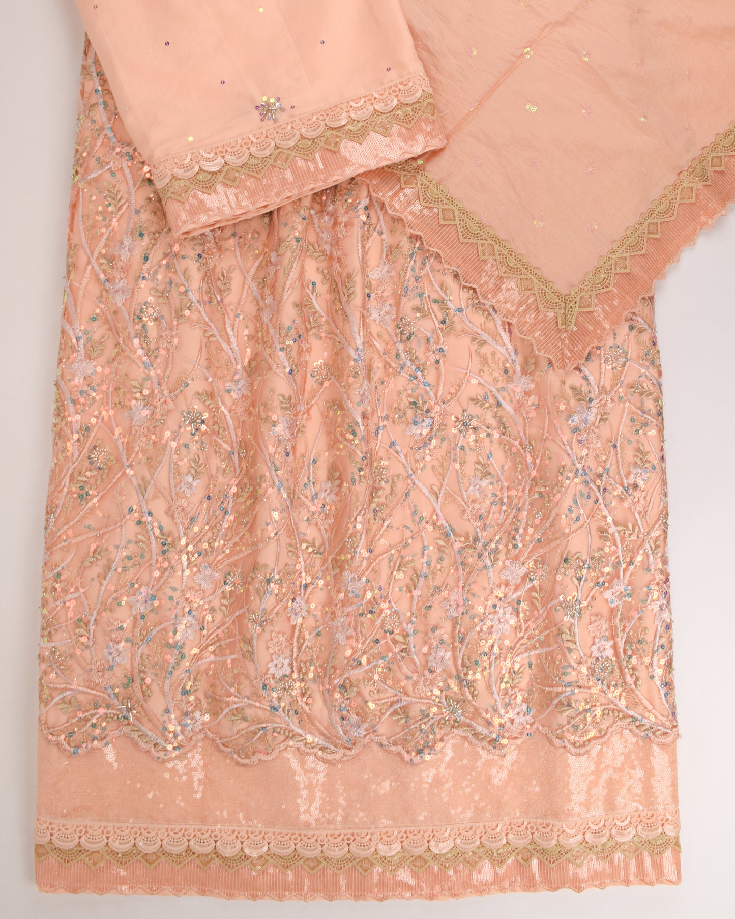Peach RCJ With Heavy Net Peice & All Over Work Sequence Lace