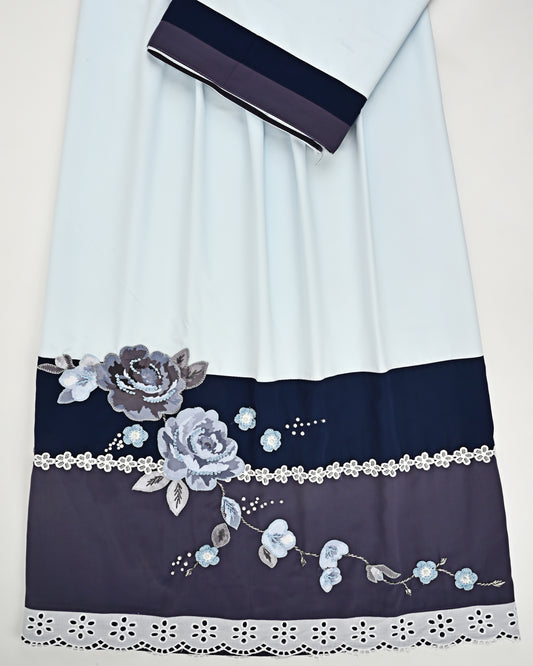 Light Blue Rida With Dark Blue Panel Lace & Floral Applique Work