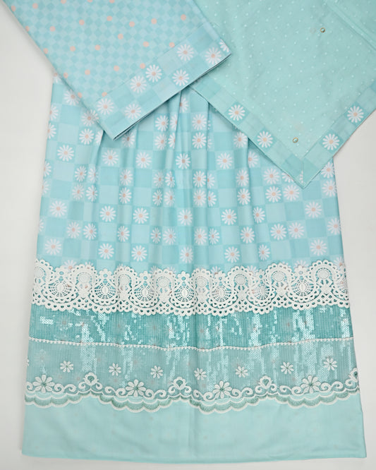 Light Mint Floral RCJ With Smart Lace Panel With Dupatta