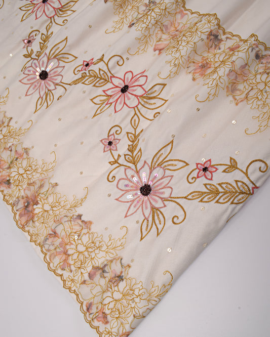 Cream Base Rida With Smart Net Peice & Floral Hand Work