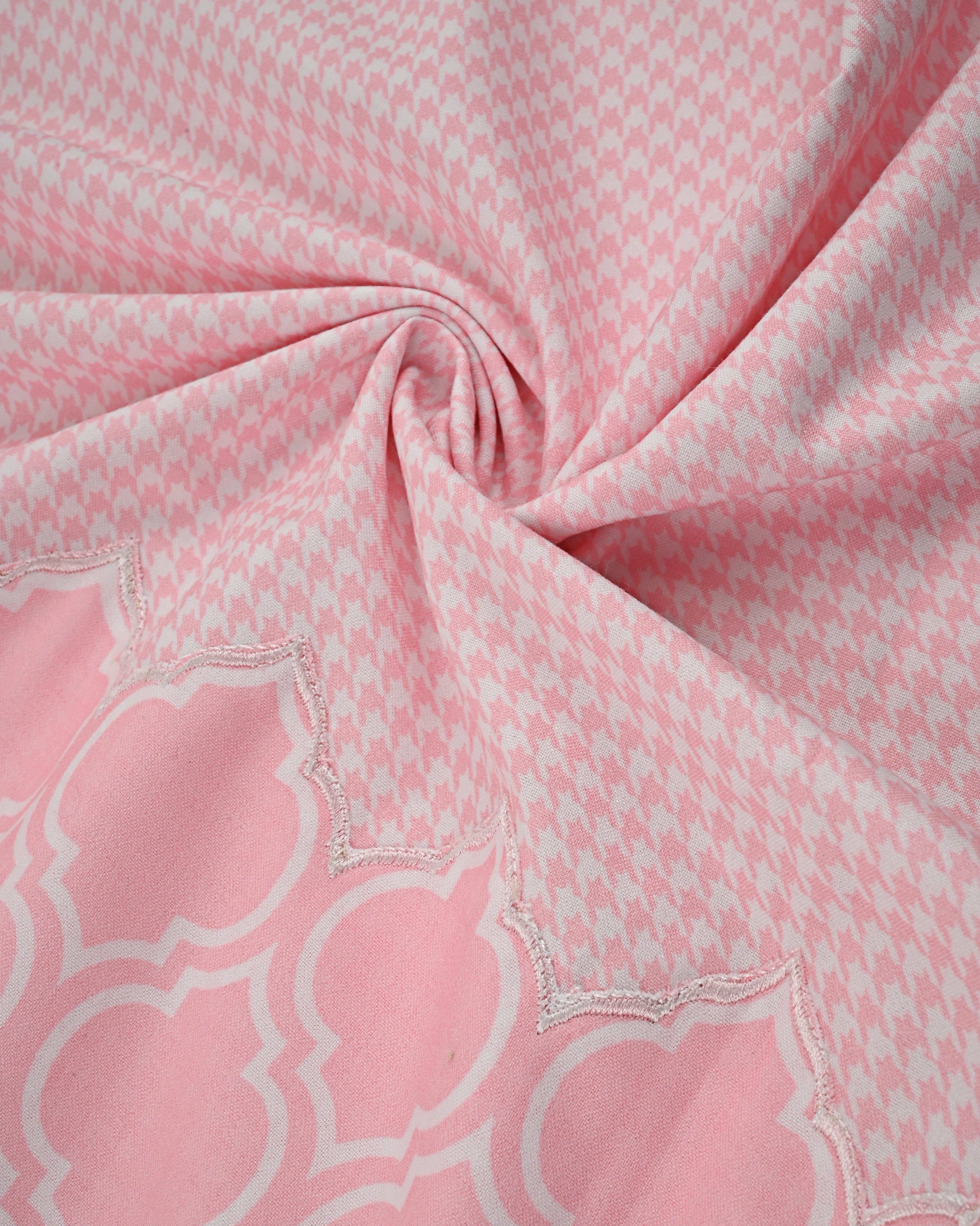 Baby Pink White Printed Rida With Smart Honeycomb Pattern & Embroidery