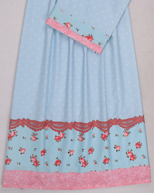 LIght Blue Rida  With Smart Rose Printed Panel & Lace