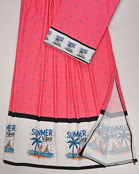 Fushia Pink Dots Swim Rida With Beach Summer Vibes Print Panel
