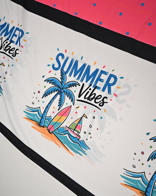 Fushia Pink Dots Swim Rida With Beach Summer Vibes Print Panel