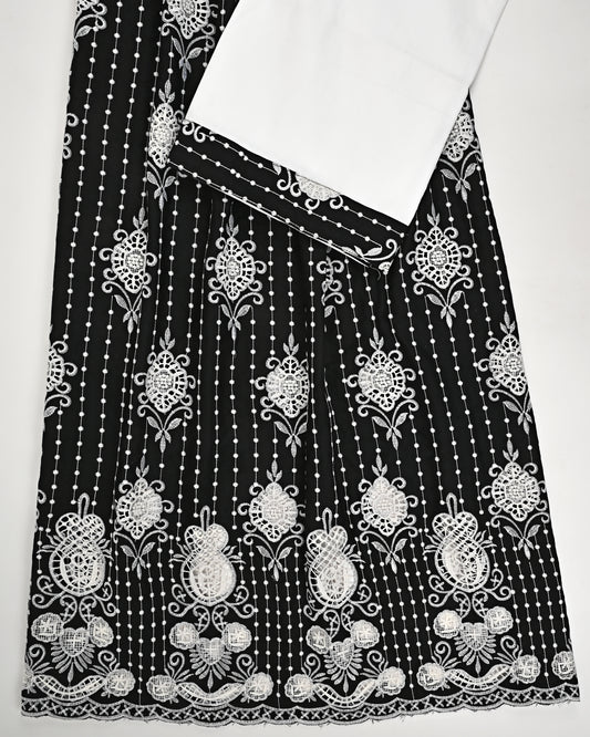 Black Base White Full Embroidery Rida With Smart Plain Pardi