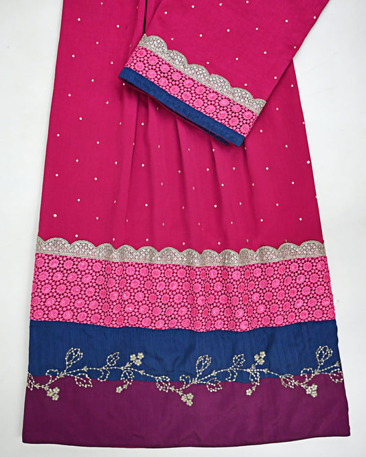 Rani Pink Rida With Dark Panel Pink Floral Lace & Aari Work All Over Border