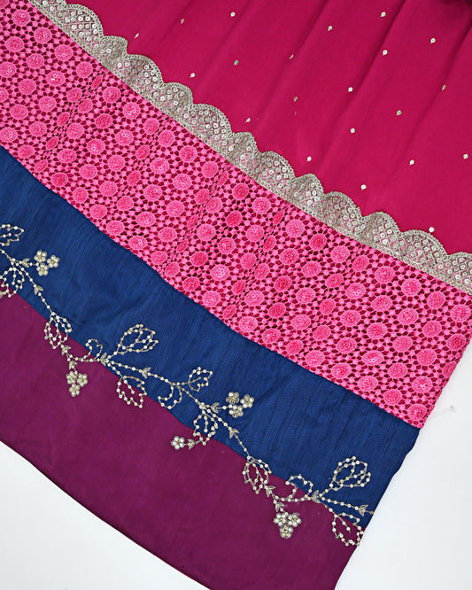Rani Pink Rida With Dark Panel Pink Floral Lace & Aari Work All Over Border