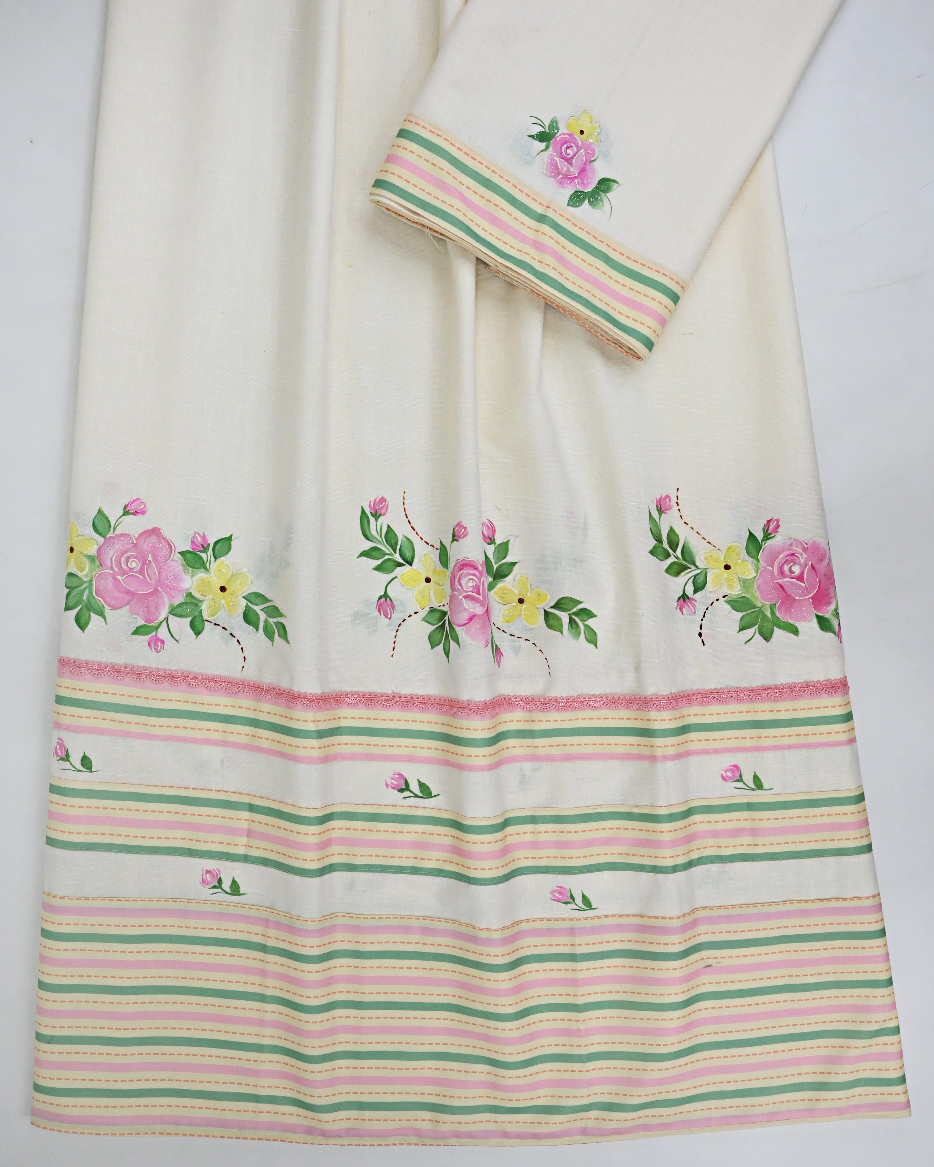 Light Cream Rida With Colorful Flower Painting & Multi Color Panel Lace