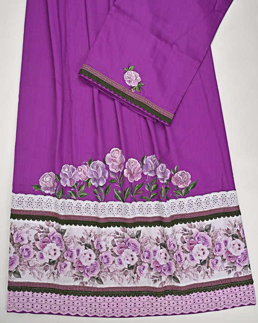 Brinjal Purple Rida With Floral Panel & Purple Floral Hand Painting