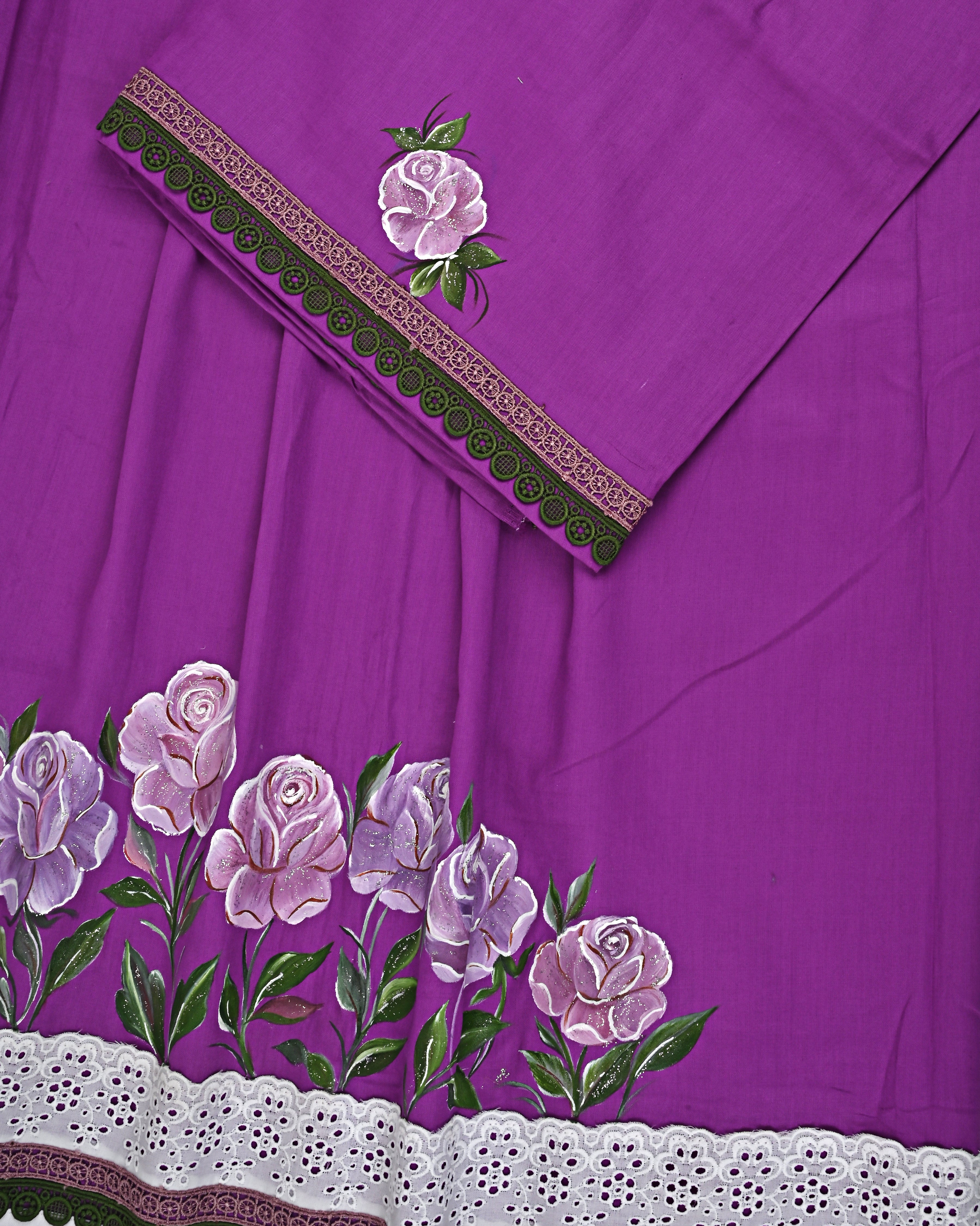 Brinjal Purple Rida With Floral Panel & Purple Floral Hand Painting