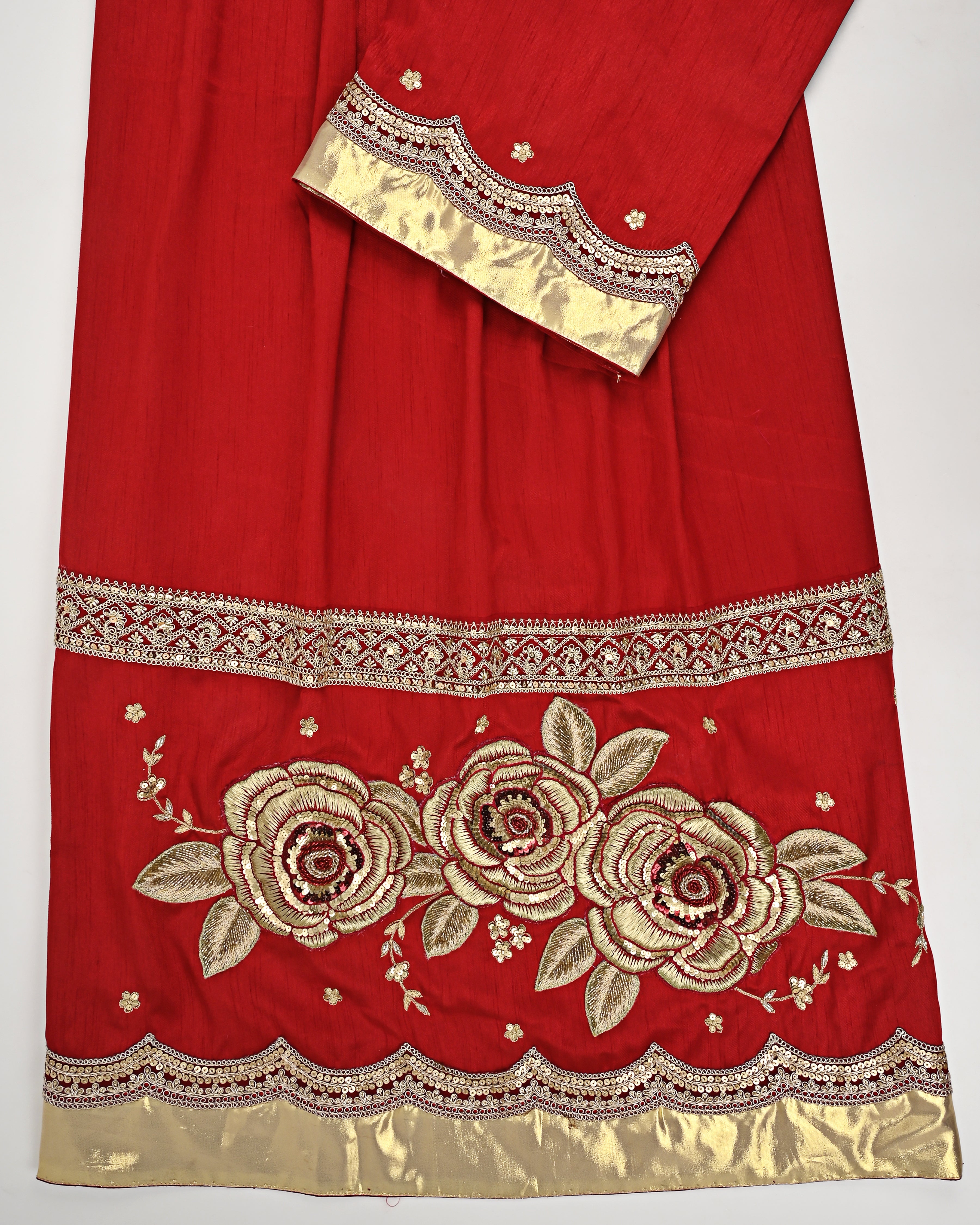 Red Rida With Heavy Look Golden Lace & Floral Aari Work