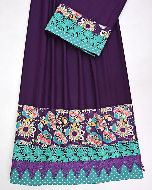Violet-Grape Purple With Floral Print Design Panel & Smart Lace