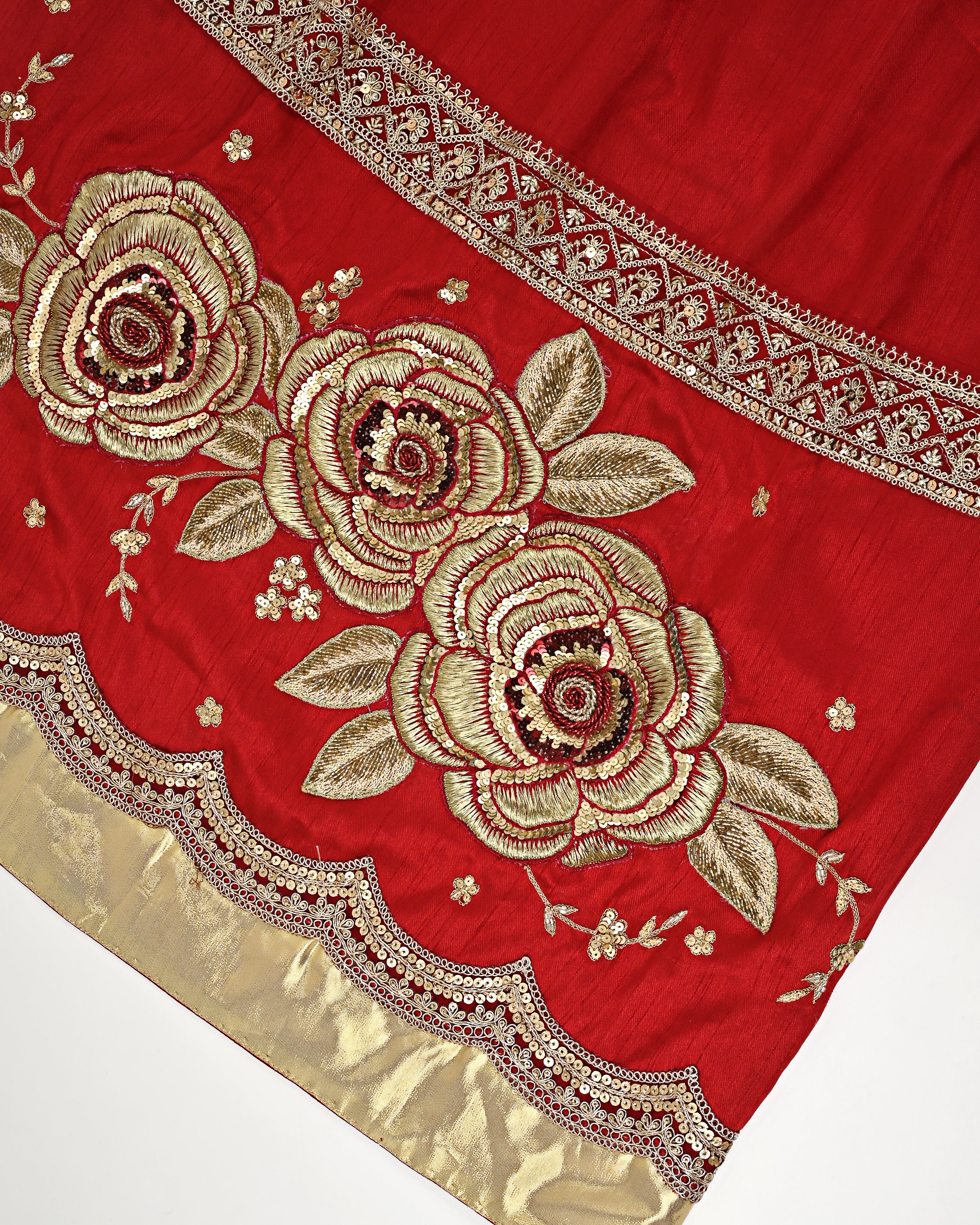 Red Rida With Heavy Look Golden Lace & Floral Aari Work