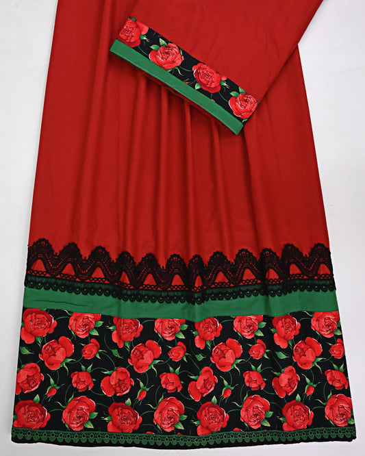 Apple Red Rida With Smart Rose Printed Panel & Smart Black Lace