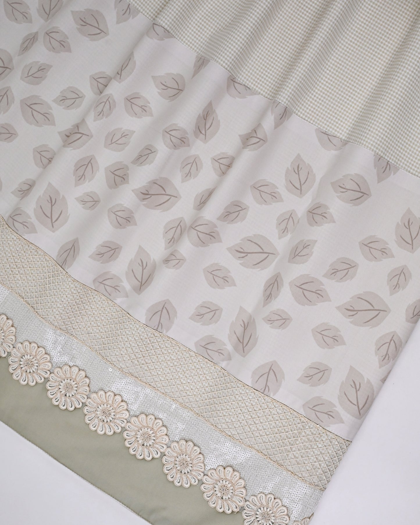 Tan White Cheks Rida With Smart Leafy Print Panel & Floral Sequence Lace
