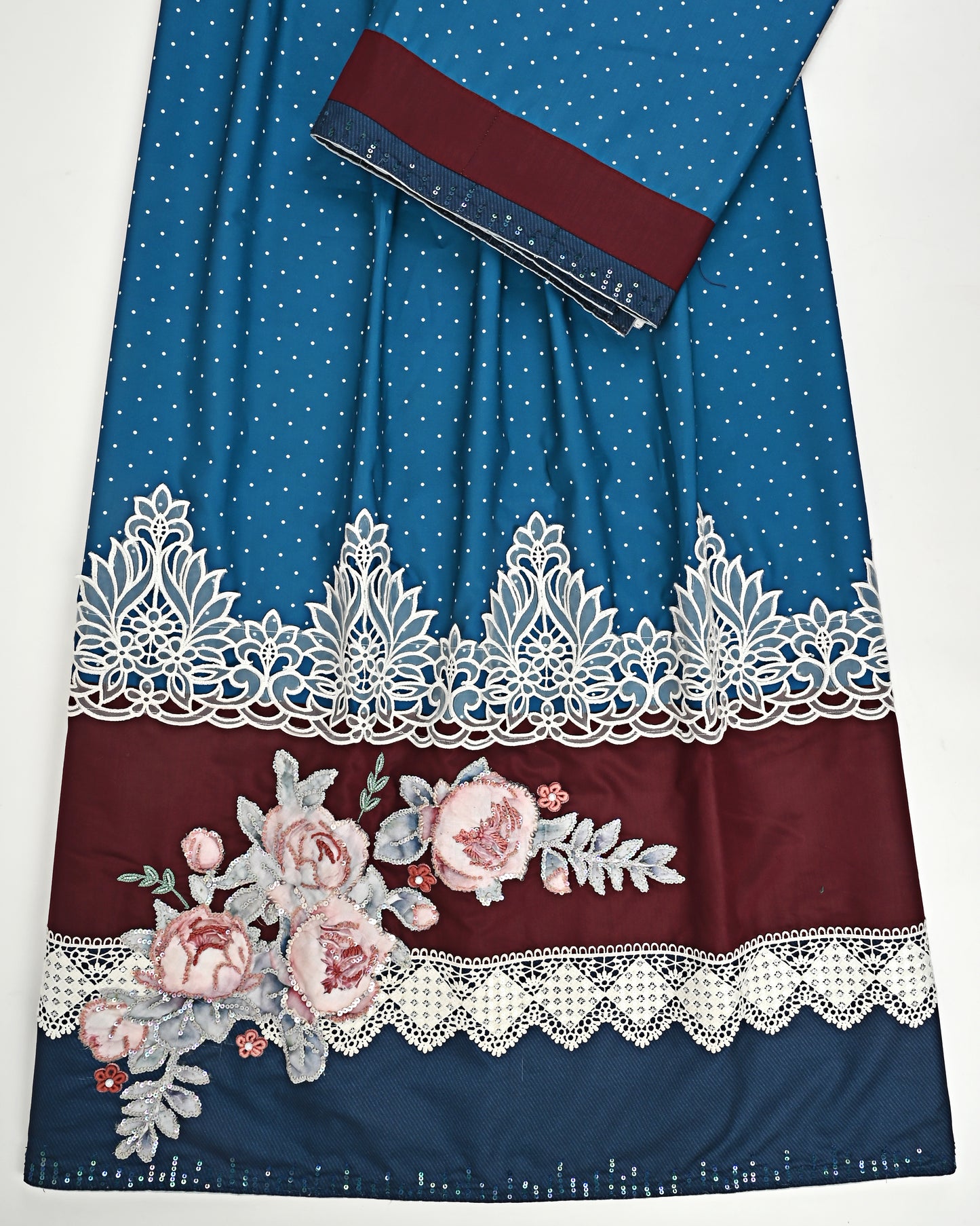 Iris Blue Doted material Imprted Lace with Aari work