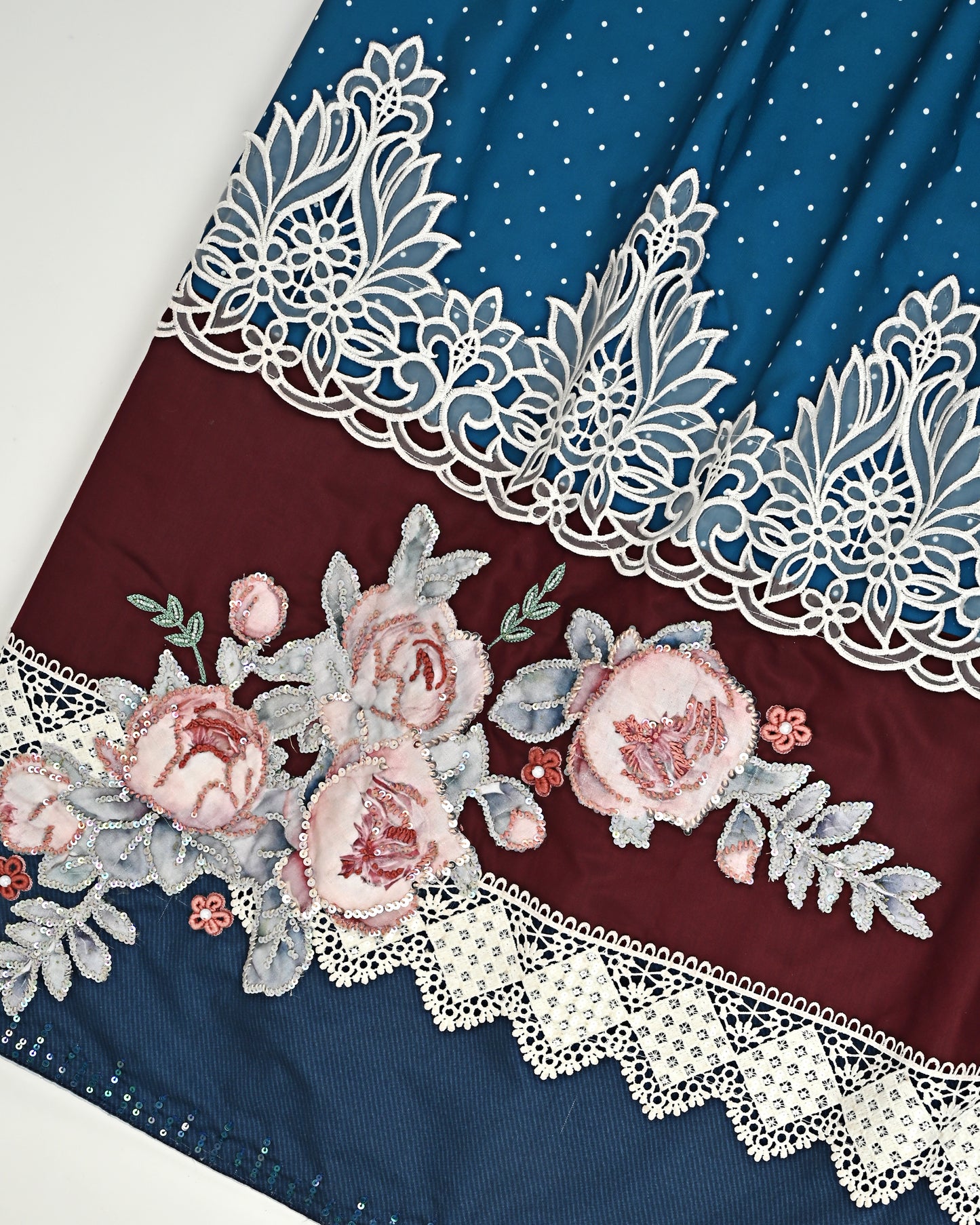 Iris Blue Doted material Imprted Lace with Aari work