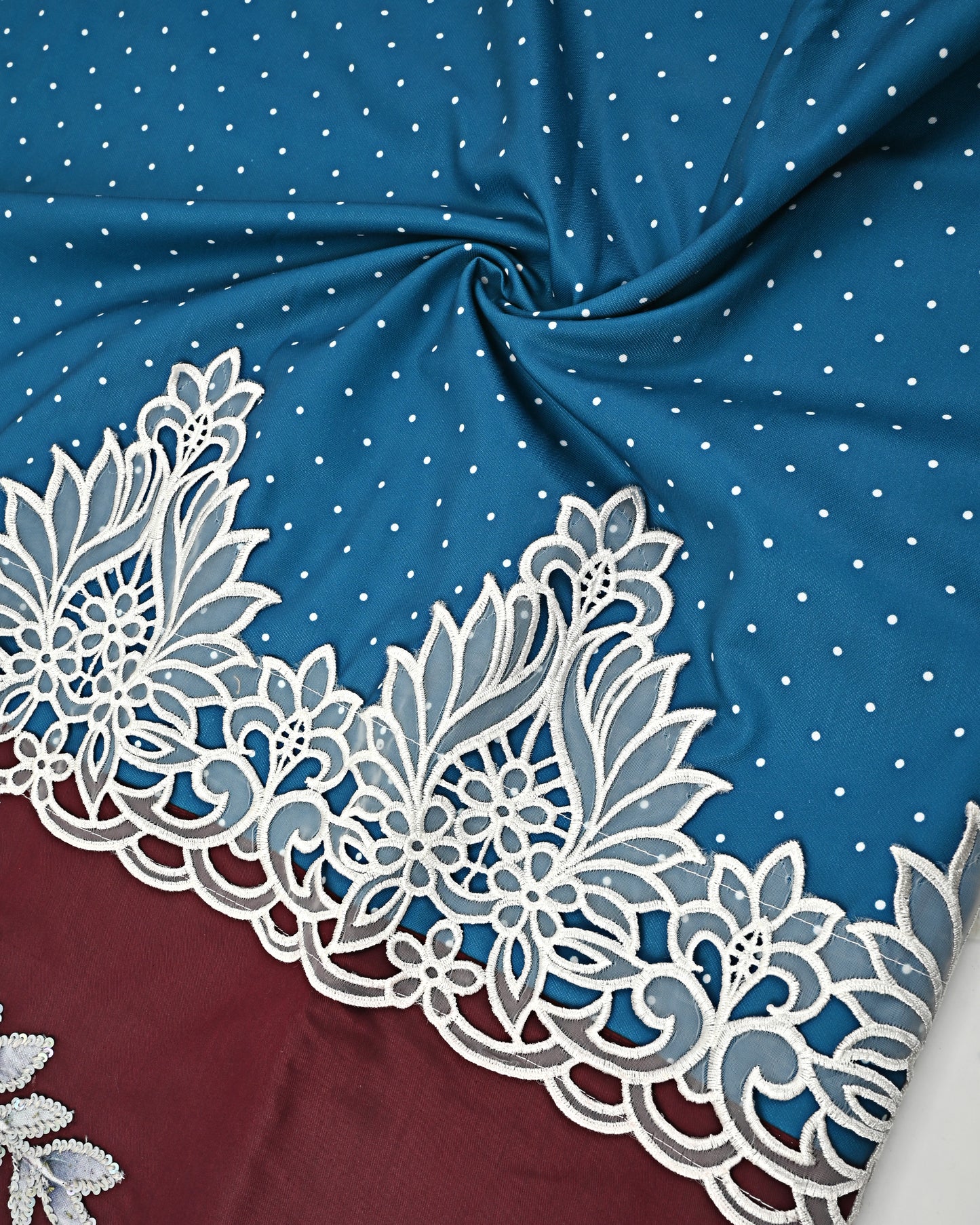 Iris Blue Doted material Imprted Lace with Aari work