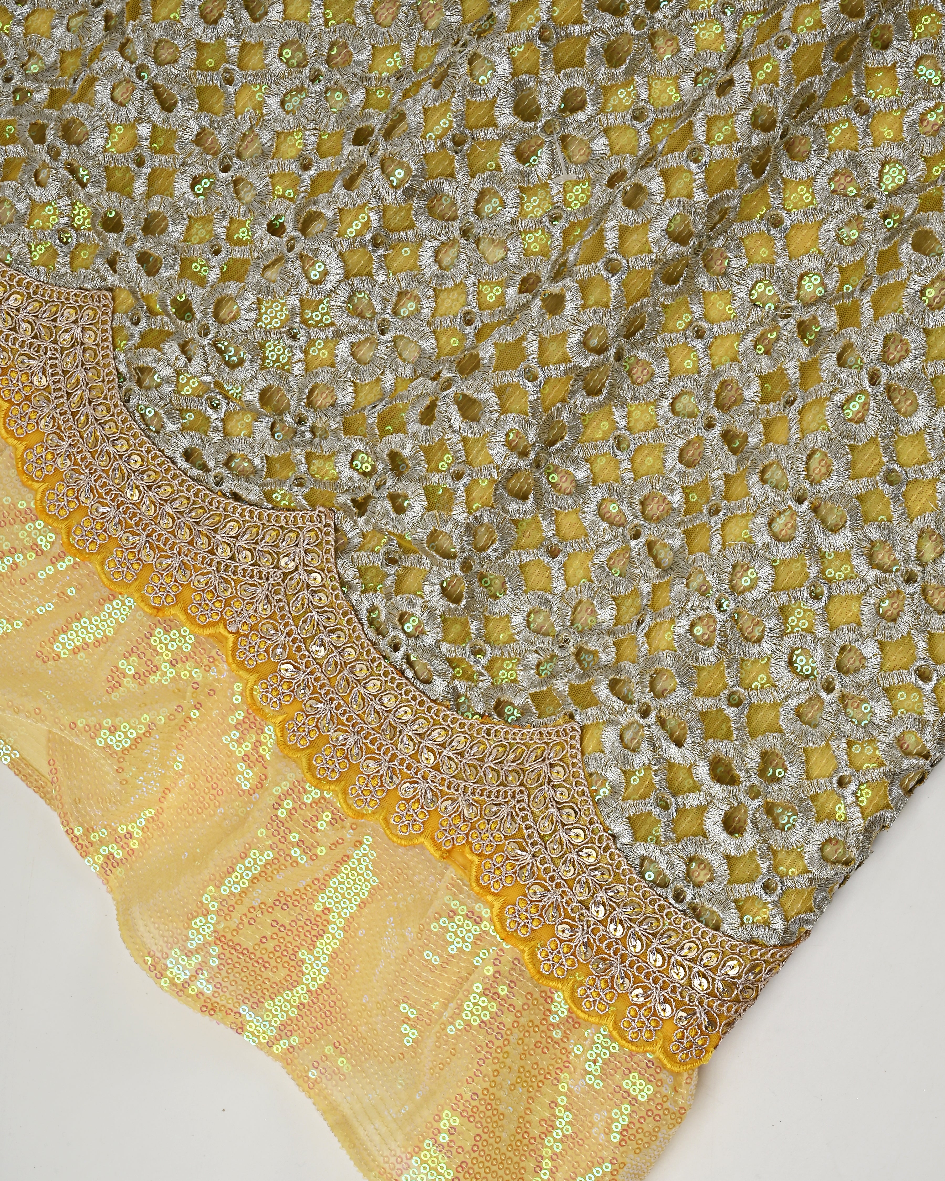 Bright Yellow Base RCJ With Heavy Look Silver Lace Peice & Sequence Dupatta