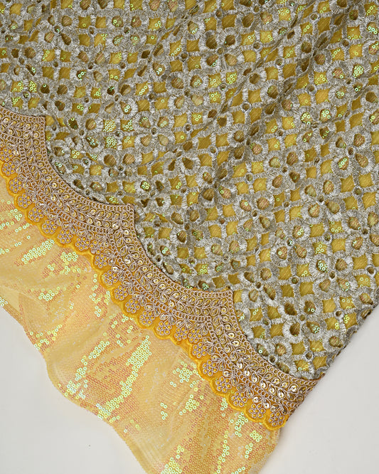 Bright Yellow Base RCJ With Heavy Look Silver Lace Peice & Sequence Dupatta